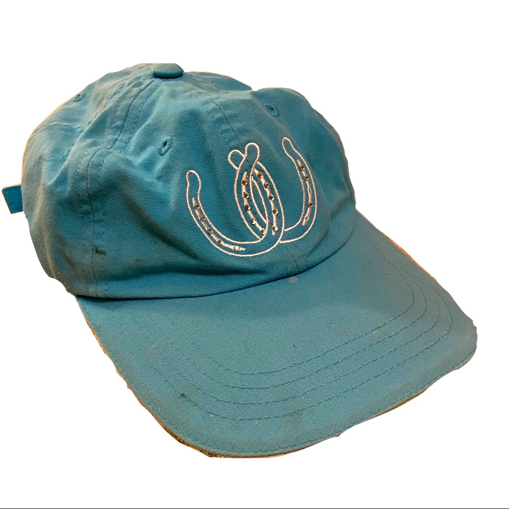 cute y2k blue rhinestone hat embroidered with horseshoes